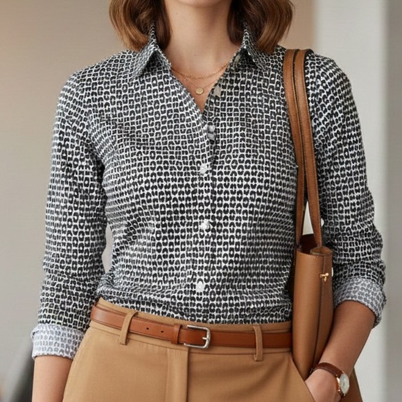 Banana Republic Tops - Banana Republic Heart Print Shirt Size 4 Black White Non Iron Preppy EUC